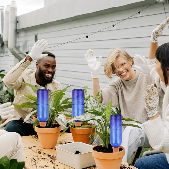 TINSKY 6 Sets Plant Watering Devices Terracotta Self Watering Spikes and 26 Oz Plastic Blue Bottles Slow Release Vacation Plant Waterer Automatic Planter Insert for Indoor Outdoor Plants