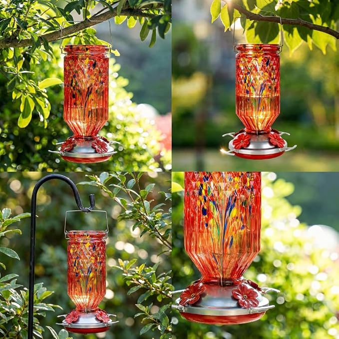 Hand Blown Glass Hummingbird Feeder for Outdoors Hanging Round Chaning Color 32 OZ Large Humming Birds Feeders with Accessories Gift for Women Mom (Red)