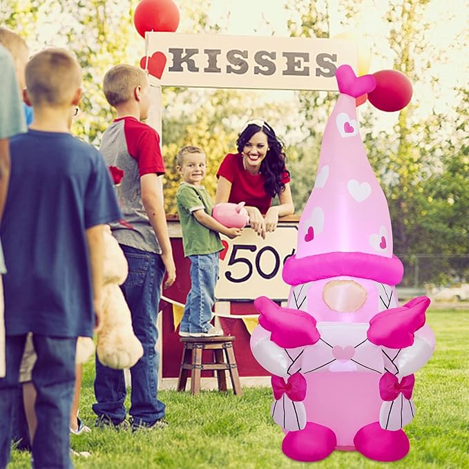 Juegoal Valentine Inflatable Pink Gnome, 4 FT Lighted Blow Up Girl Swedish Gnomes, Indoor Outdoor Valentines Wedding Xmas Decor, Built in LED Light Up Holiday Lawn Yard Garden Decorations