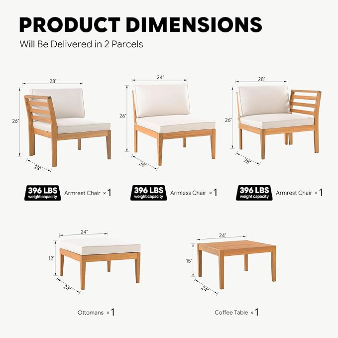 Werph 5-Piece Acacia Wood Patio Sectional Set, L-Shaped Outdoor Sofa Garden Couch with Coffee Table & Removable Cushions for Backyard, Deck, Beige