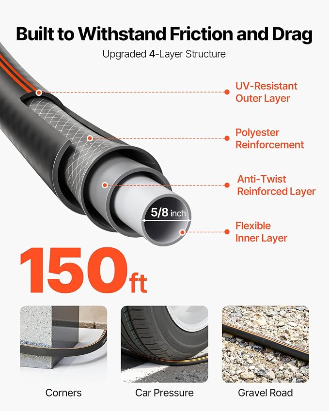 VEVOR Garden Hose, 150 ft 5/8" Heavy Duty Rubber Water Hose with 10 Mode Nozzle, 150PSI Working & 600PSI Burst, Flexible & Non-kink Outdoor Waterhose with 3/4" Fitting, Lightweight Hoses for Gardening