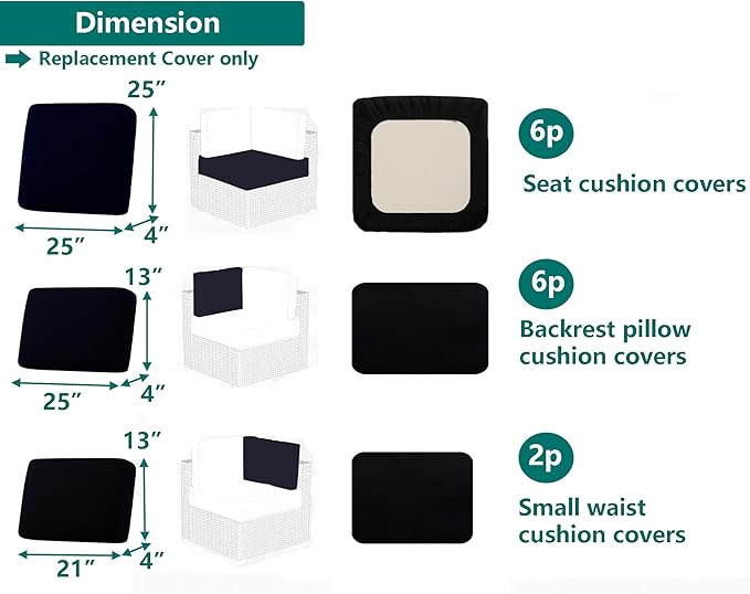 Outdoor Cushion Covers Replacement 14 Pcs Patio Cushion Covers fit for 7Pieces 6-Seater Wicker Rattan Sectional Couch Sofa Outdoor Cushion Slipcovers Set Seat and Back Cover Only, Black