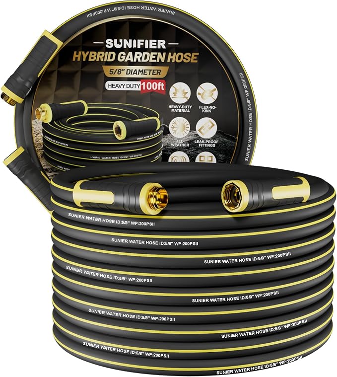 Hybrid Rubber Garden Hose 5/8 Inch, 100 ft Heavy Duty Kink-Free Water Hose, 3-Layer Reinforced, 600 PSI Burst Pressure, Water Safe, All-Weather Flexible Hoses for Yard, Lawn (Black,100 ft)