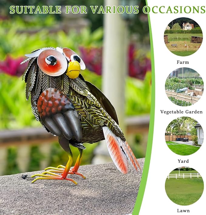 Metal Owl Garden Statue, 9'' Funny Owl Figurine Outdoor Yard Art Decor, Waterproof Owls Decor for Garden, Lawn, Backyard (Grey)