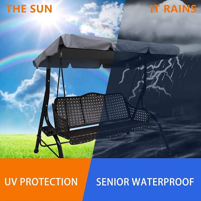 Swing Chair Canopy Replacement, 2 Seater Garden Seat Cover, Waterproof Windproof Anti-UV Heavy Duty Rip Proof Hammock Top Outdoor Furniture Covers (Grey, Small), Gray