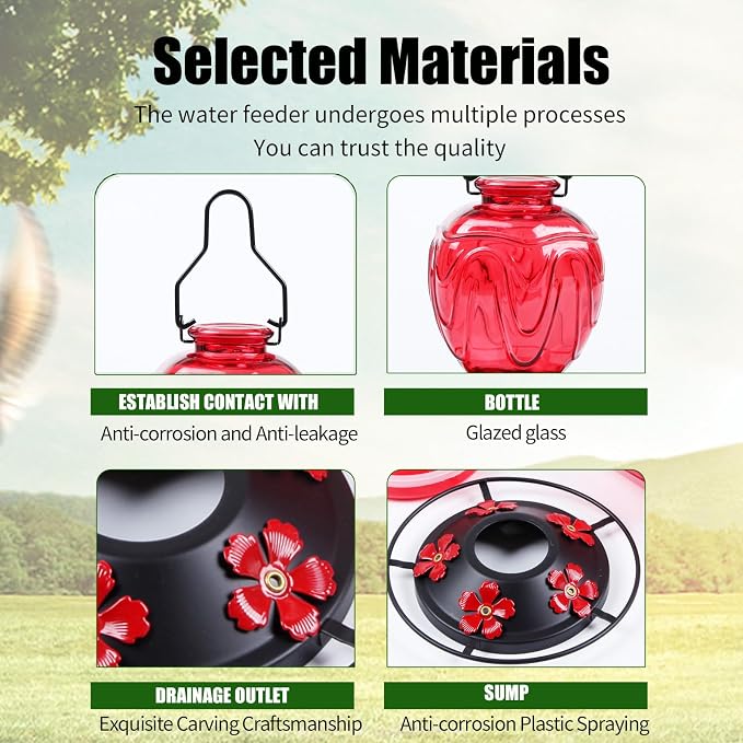 2 Pack Glass Hummingbird Feeder for Outdoors Hanging, 24Ozs Humming Bird Nectar Feeder w/Perch, 5 Flower Feeding Ports, Leak Proof Base and Hook for Outside Garden Backyard Decor, Red