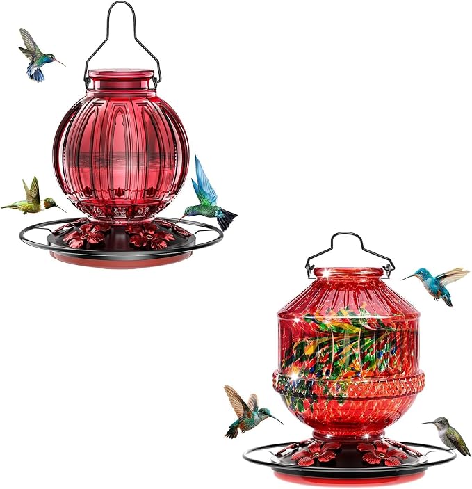 Glass Hummingbird Feeders for Outdoors, Wild Bird Nectar Feeder with Perch & 5 Flower Feeding Ports Leak Proof Hanging for Garden Backyard Decor, Gifts for Women Mom, Red 2 Pack