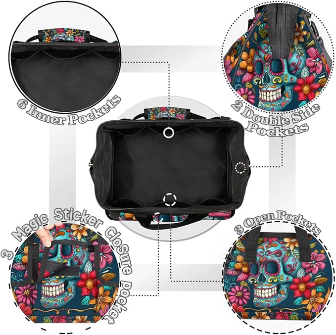 15 Inch Tool Bag 14-Pockets Tool Box Organizer for Men Flowers Skull Tool Tote Bag Waterproof Toolbox with Shoulder Strap Heavy Duty Garden Tool Organizer for Mechanic