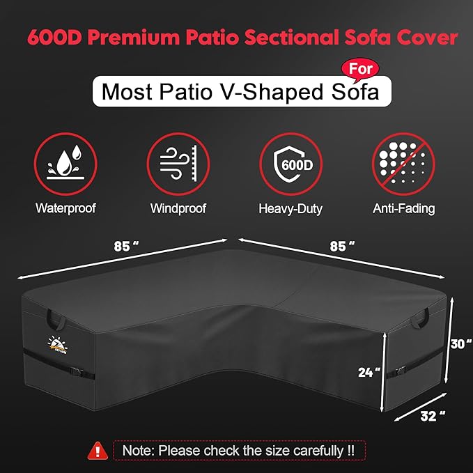 Zettum Outdoor V-Shaped Sectional Cover - 600D Heavy Duty Patio Sectional Sofa Cover, Waterproof Patio Furniture Covers for Outdoor Sectional Sofa and Couch, 85x85 Inch Wide