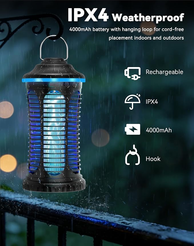 Rechargeable Bug Zapper Outdoor Indoor, Mosquito Zapper Cordless with 4000mAh Battery, RGB Light, USB-C Charging, 1/2 Acre Coverage, IPX4 Waterproof, Portable Fly Zapper for Camping, Patio, Garage