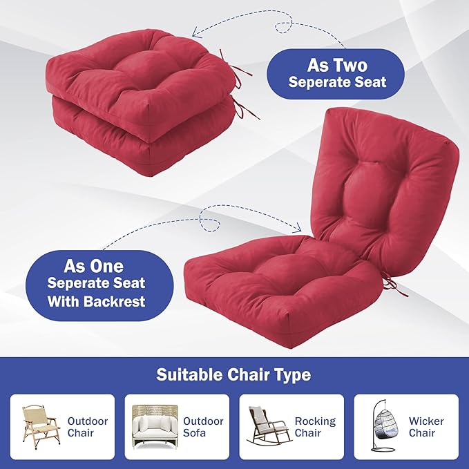 IPYNBAP Outdoor Chair Cushions Set of 2, Patio Chair Cushions with Ties, 19x19+5” Tufted Outdoor Seat Cushions, Waterproof Patio Furniture Cushions, Outdoor Dining Chair Pads, Burgundy