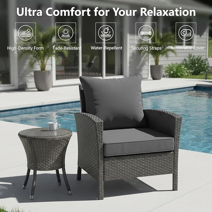 19x19 Inch Patio Chair Cushion with Removable Cover, Outdoor Furniture Cushion - Water-Repellent, Fade-Resistant, Non-Slip Bottom & Straps, Replacement for Lawn, Porch & Deck Chair - Dark Grey