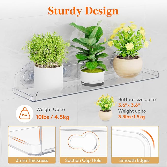 Lifewit Window Plant Shelves 14.6", 4 Pack Acrylic Suction Cup Floating Shelf for Bathroom Mirror, or Kitchen Wall, Clear No-Drill Window Sill Extender for Indoor Micro Greens 37 x 9 cm/14.6x3.6