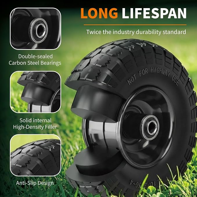 10 Inch Soild Dolly Tire Wheels 5/8" Axle,4.10/3.50-4 Tire and Dolly Wheel Flat Free for Hand Truck,Wheelbarrow Garden Cart, Wagon,Lawn Mower and Gorilla Cart Tires(4 Packs,Black)