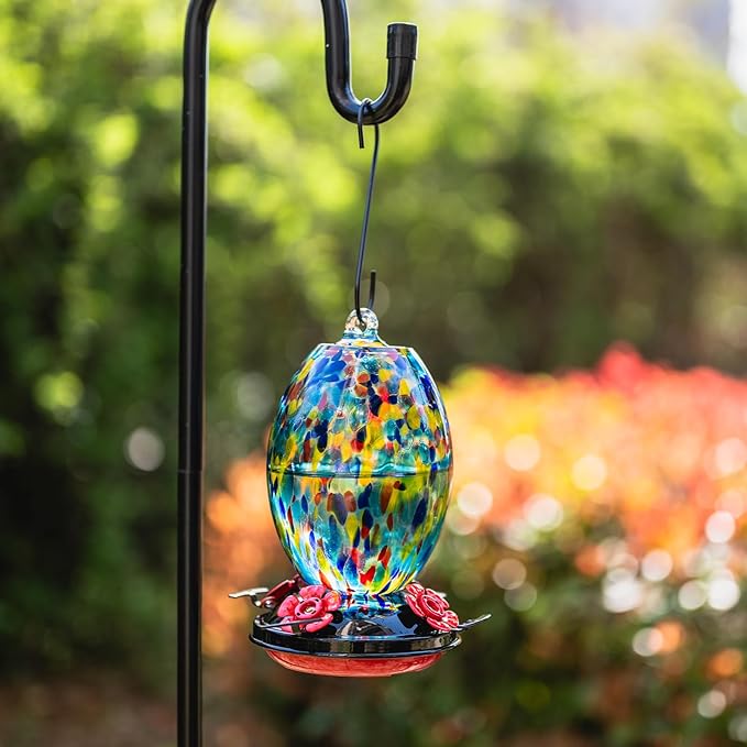 Muse Garden Glass Humming Bird Feeders for Outdoors - 27OZ Blown Glass Hummingbird Feeder - Unique Gift Mom Women Grandparents, Outdoors Hanging Garden Decor, Ant Moat & Brush, Blue Polka Dots
