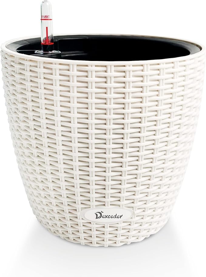 Dexceder 11x10 Self Watering Planter (Ivory White Rattan) | Inner Pot Design, Thickened Table Flower Plant Pot with Water Level Indicator Indoor Outdoor