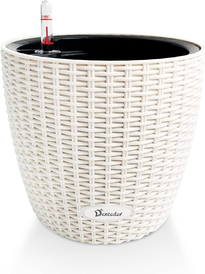 Dexceder 9x8 Inches Rattan Self Watering Planter Indoor Outdoor, Inner Pot Design, Thickened Table Flower Plant Pot with Water Level Indicator (Ivory White) | Inner Pot Design, Thickened Table Flower Plant Pot with Water Level Indicator Indoor Outdoor