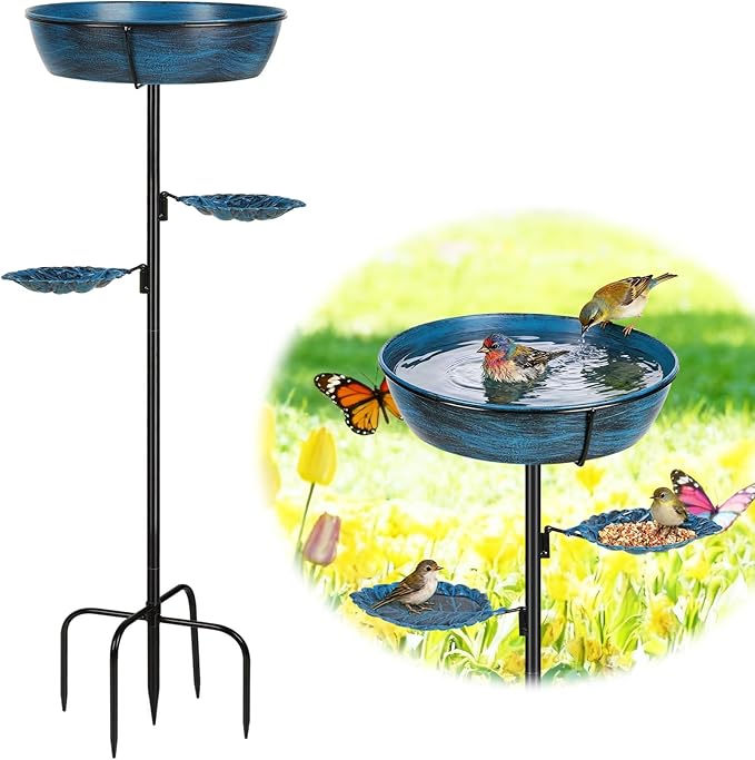 Metal Bird Bath for Outdoor - Garden Bird Bath with Removable Bowl Heavy-Duty Base, Winter Birdbath Feeder Rust-Proof Birdbaths for Garden Yard Lawn Decor, Easy to Install(Blue)