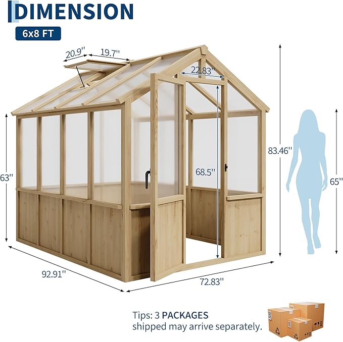 6x8 FT Greenhouse - Large Wooden Greenhouses for Outdoors, Heavy Duty Spruce Frame Greenhouse with PC Panels, Adjustable Roof Vents & Lockable Door, Walk-in Green Houses for Garden, Backyard, Patio