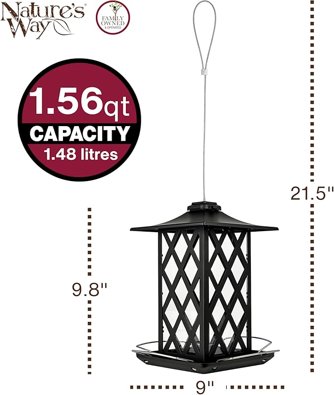 Nature's Way Outdoor Garden Décor Hanging Wild Bird Seed Feeder, Metal Lantern Gazebo Feeder, Easy Fill, Rain Drainage, Black