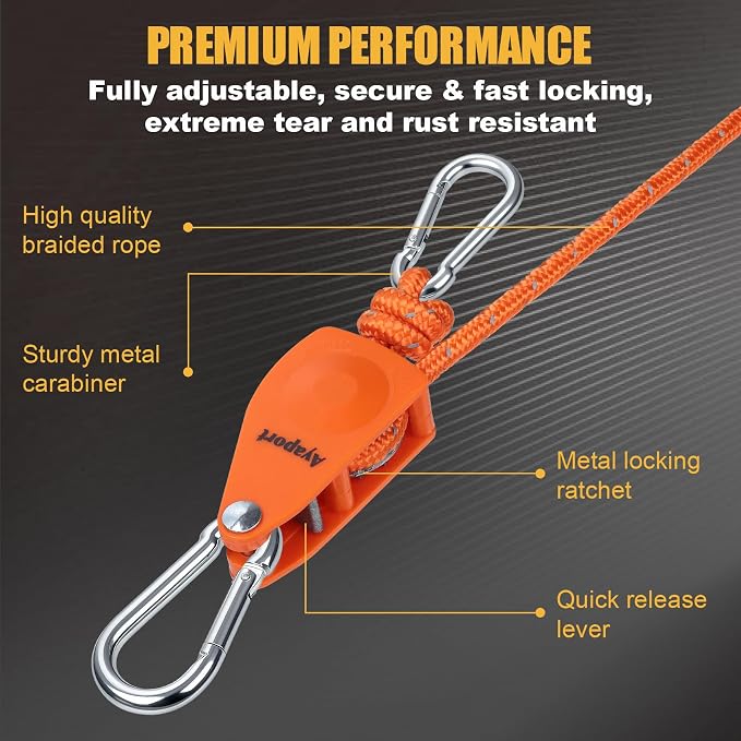 Ayaport Adjustable Rope Hanger Grow Light Hanger, 12Ft 1/4" Heavy Duty Plant Pulley Rope Tightener Ratchet Tie Down for Kayak, Tarp, Tent Tie Downs, Hanging Plants, Filters, Fans 4Pack