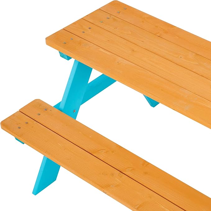 Teamson Kids - Wooden Outdoor Child Children Kids Picnic Table & Chair Bench Set - Brown/Aqua