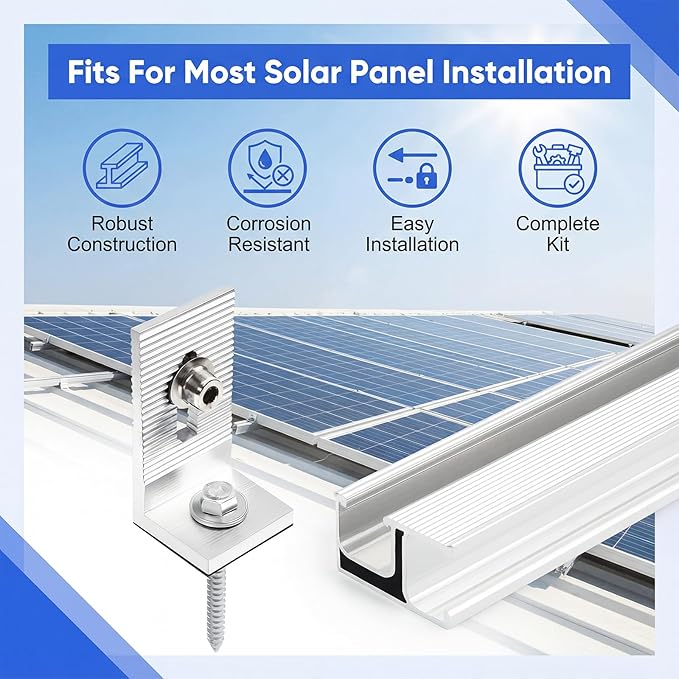 Solar Panel Mounting Rail Kit for 5 x 320W Panels, Includes 8 x 47.2 Aluminum Rails, Adjustable Clamps, L-Brackets & Grounding Lugs, Universal Racking for Metal, Tile, Shingle Roof
