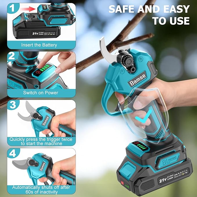 Electric Pruning Shears Brushless, Bamse Cordless Pruner Shears with 2 Batteries 2.0Ah, LCD Display Electric Pruner, for Branch, Fruit Plucking and Tree Trimming