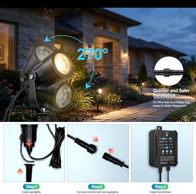 SMY Lighting All-in-One Low Voltage Landscape Lighting Kit, 8 Pack 5W Die-cast Aluminum Landscape Lights with Transformer and Connectors, IP65 Waterproof Outdoor Spot Lights for Pathway Yard Garden