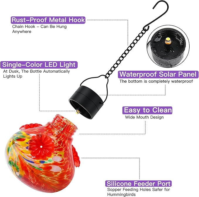 SAVENNA Hand Blown Glass Solar Hummingbird Feeder with Soft Night Light,17oz Leak-Proof Decorative Feeder for Outdoor Garden Patio Yard –Ruby Red Phoenix Swirl