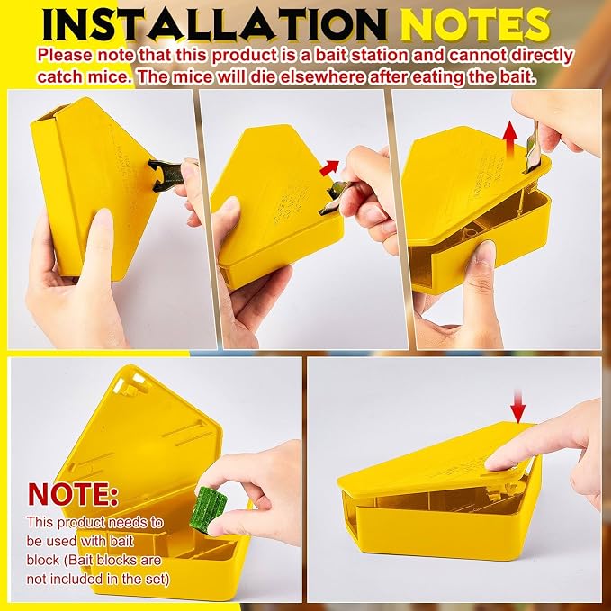 Qualirey 36 Pcs Mice Station with Key Triangle Mouse Station Lockable Reusable Bait Box, Enclosed Design for Indoor and Outdoor Use, Suitable for Small Mice (Yellow)