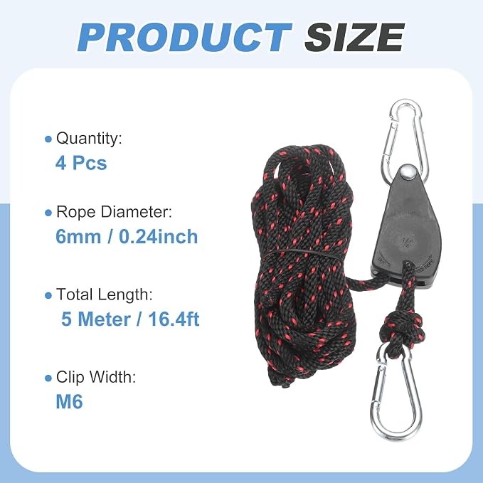 uxcell 4 Pairs 1/4" Adjustable Rope Hanger, 16.4ft(5 Meter) Heavy Duty Ratchet Tie Down Strap with Rope Clip Hanger for Hanging Plants, Grow Light and Various Tie-Down Uses, Black/Red