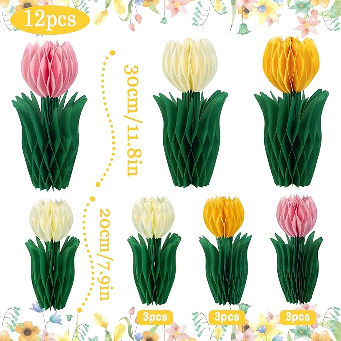 12 Pcs Tulip Honeycomb Decorations, Spring Decorations for Office, Table Decor, Tulip Party Decorations, Spring Centerpieces for Tables for Mothers Day Party, Womens Day
