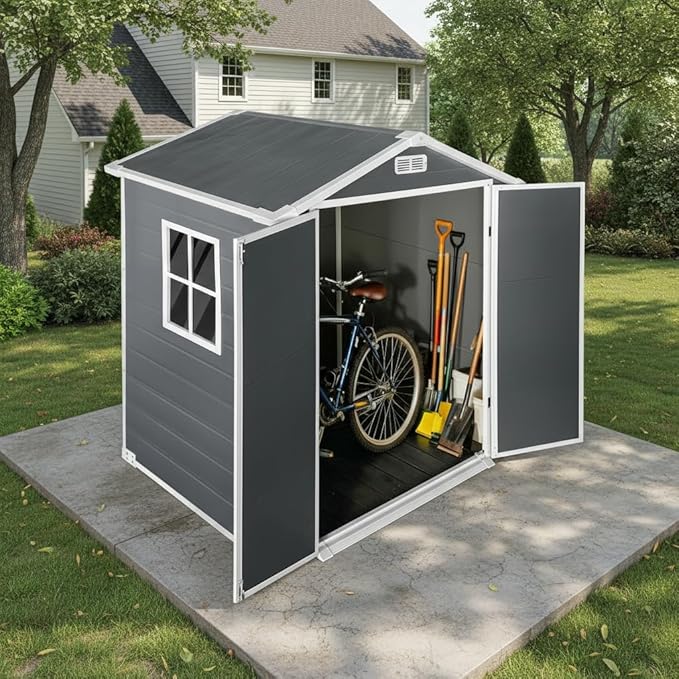 YOPTO 6x4 FT Plastic Storage Shed,Outdoor Storage Shed with Floor and Lockable Door,Waterproof Garden Shed W/Windows & Vents,Sloped Roof,Tool House for Storing Bicycles,Lawnmowers,Gray