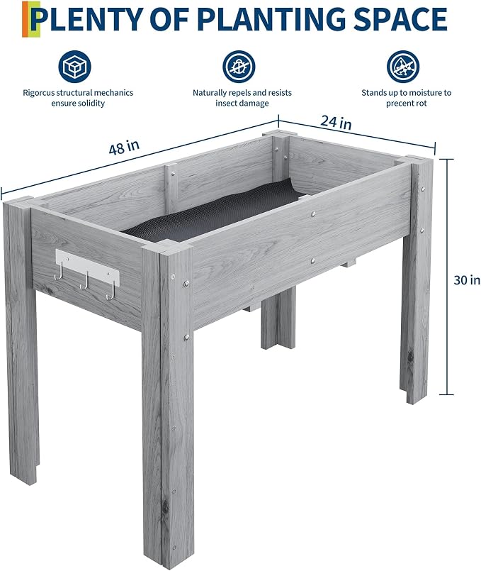 48x24x30IN Wooden Raised Garden Bed with Legs, Elevated Reinforced Large Planter Box for Vegetable Flower Herb Outdoor, Standing Growing Bed forGardening/Backyard/Patio/Balcony, Liner Included