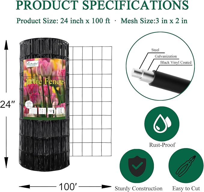 FOREHOGAR Black PVC Coated Welded Wire Fence 24 Inch x 100 Foot, 2 Inch x 3 Inch 16GA, Garden Border Fencing Roll Vinyl Coating Metal Wire Mesh for Yard Vegetable Plant Protection Poultry Netting