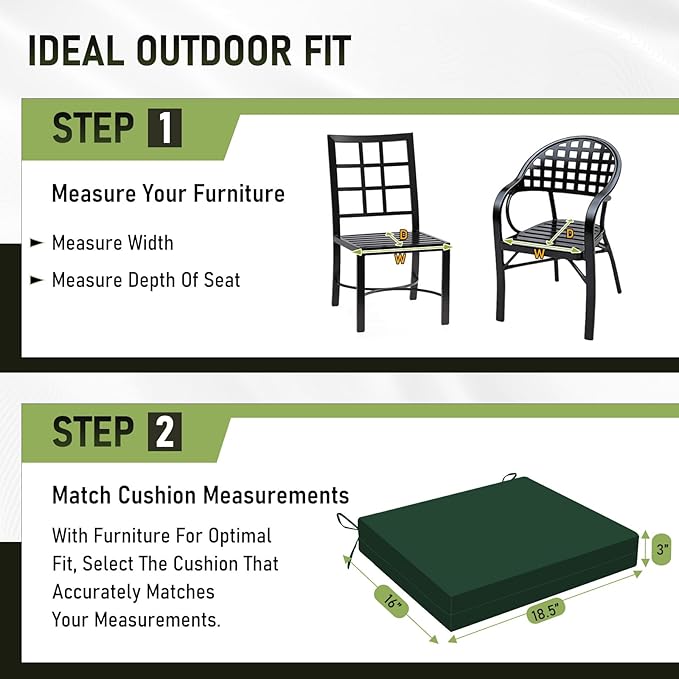 Basic Beyond Outdoor Chair Cushions Set of 4, Square Corner Outdoor Cushions for Patio Furniture, Water Resistant Patio Chair Cushions with 2 Ties, 18.5x16x3, Forest Green