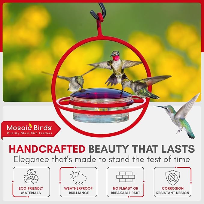 Mosaic Birds Hummingbird Feeder for Outdoors Hanging, 3.4 OZ Hummingbird Feeders, Glass Bowl with 4 Feeding Ports, Leak Proof Lid & Circular Perch, Bird Feeder (1, Red)