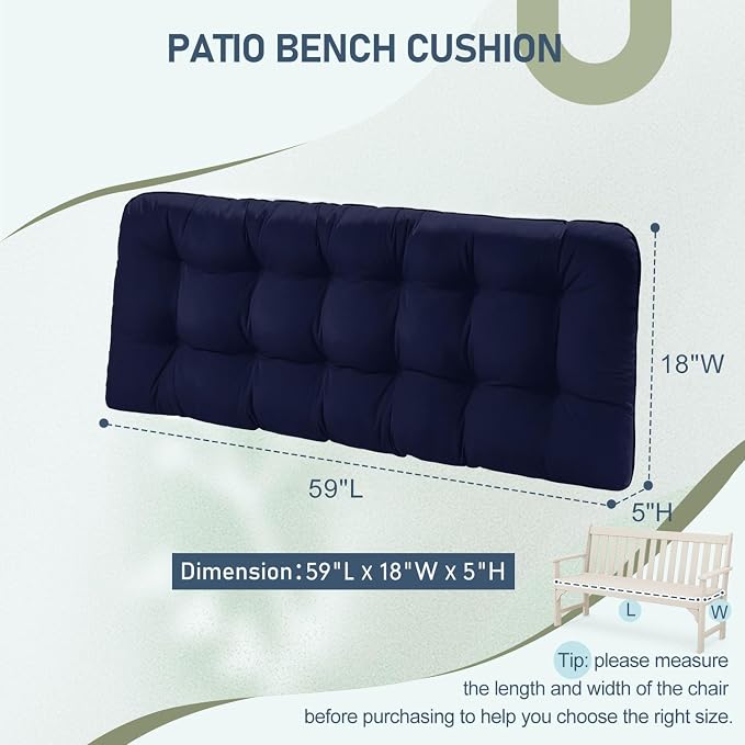 downluxe Outdoor Bench Cushion for Patio Furniture, Water Resistant Tufted Overstuffed Porch Swing Cushions, Thick Outdoor Loveseat Cushions, 59" x 18" x 5", Navy, Set of 1