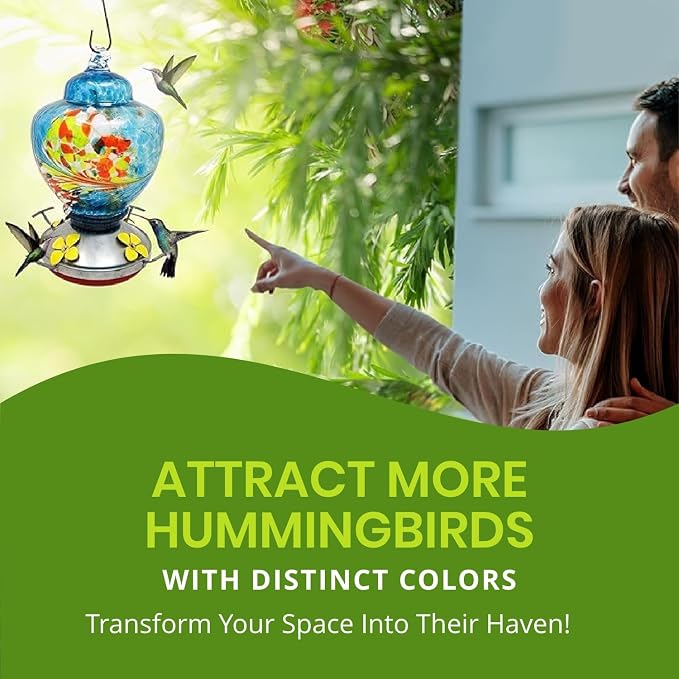 Nature Gear Glass Hummingbird Feeder for Outdoors, Hanging Bird Feeder with Ant Moat, Hand-Blown Glass Garden Feeder, Easy Clean Wide Mouth, Rust Resistant, 38 oz, Blue Burst