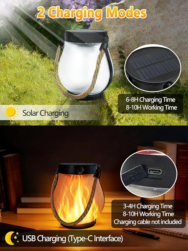 2 Pack Solar Lights Outdoor Waterproof, Solar Lantern with Dancing Flame, 2 Lighting Modes, Dual Charging USB & Solar Powered, with Hanging Rope Handle for Patio Yard Camp Garden Tree Tabletop Decor