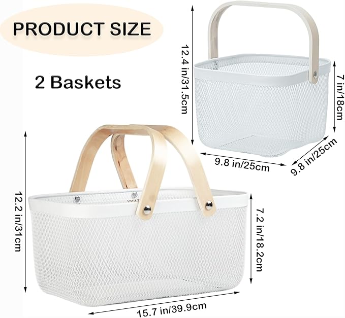 Cheardia 2 Pack Picnic Baskets, Metal Mesh Harvest Basket with Foldable Wooden Handle, Rectangle Garden Storage Basket Bin for Vegetable Fruit Garden Kitchen Cabinet Picking Gathering, White