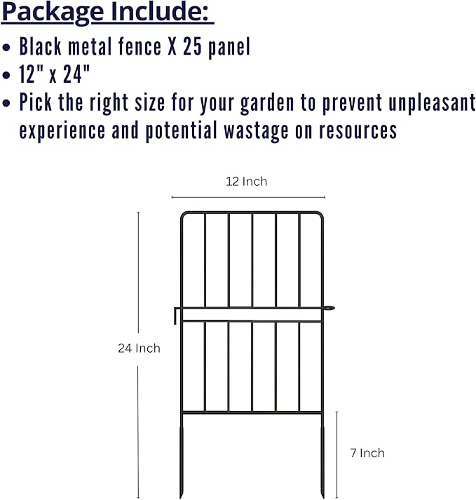 ShopLaLa Decorative Garden Fence Outdoor (25 Panels) 12in(L) x 24in(H) Rustproof Metal Wire Animal Barrier for Dogs, Black Flower Bed Edging Fencing for Yard, Landscape Patio Classic Fences Decor