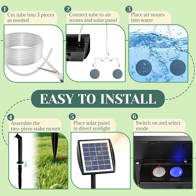 2W Solar Pond Aerator, Solar Air Pump with 2 Air Stones, Dual Working Modes, Solar Aerator for Pond, Fish Tank, Aquarium, Outdoor Fishing