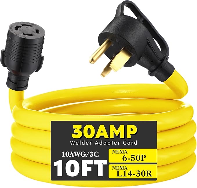 Tellegloww NEMA 6-50P to L14-30R 10 FT 30 Amp Welder Adapter Cord, 3 Prong 50amp Welding Outlet to 4 Prong 30amp Generator Locking Plug, Generator to Welder Adapter STW 10 AWG, ETL Listed