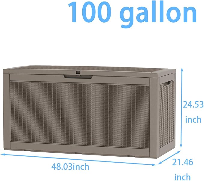 100 Gallon Deck Box, Waterproof Resin Rattan Outdoor Storage Box Lockable for Patio, Fade Resistant Outdoor Side Table & Organizer for Garden Tools, Pool Floats, Outdoor Cushions, Light Coffee