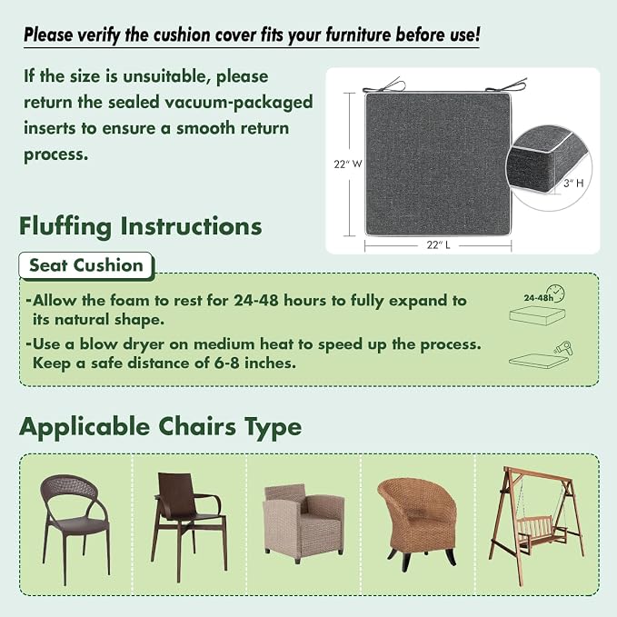 MIULEE Dark Grey Outdoor Chair Cushions Set of 2, 22x22x3 Inch Waterproof Patio Seat Cushions for Outdoor Furniture Couch Sofa, 3 Year Color Fastness High Density Foam with Adjustable Ties