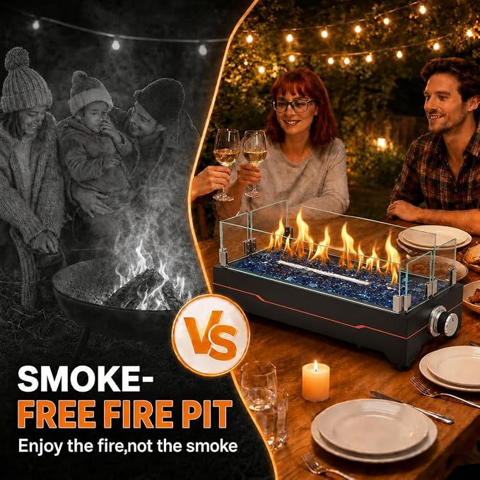 GRISUN Tabletop Fire Pit,20 Inch Propane Fire Pit Table,40000 BTU Table Top Firepit with Glass Wind Guard,Stainless Steel Burner,Fire Glass,Portable Propane fire Pit for Patio, Camping, Backyard & RV
