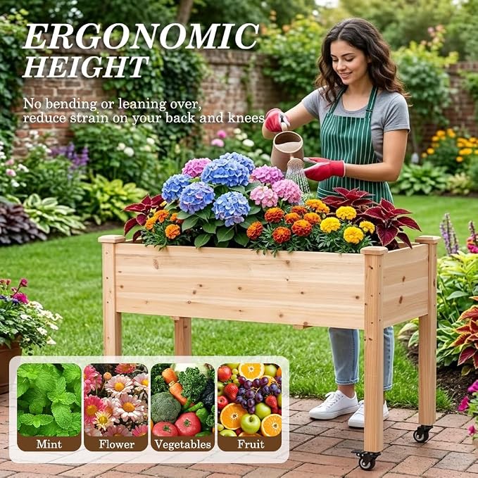 Raised Garden Bed with Lockable Wheels, 48x24x32 inch Elevated Wood Planter with Protective Liner for Vegetable Flower Herb Outdoor Balcony Patio Backyard, Natural