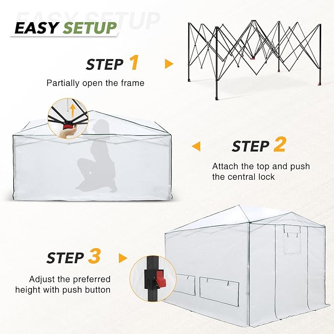 EAGLE PEAK 12x8 Portable Walk in Greenhouse, Pop Up Indoor Outdoor Greenhouse, Green House Kit with Zippered Roll-Up Doors, Windows + Support Pole, Woven Cover, Translucent